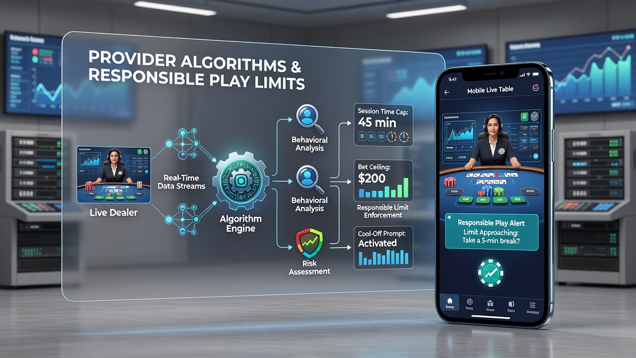 Algorithm dashboard illustrating responsible play limit adjustments across multiple mobile live table sessions